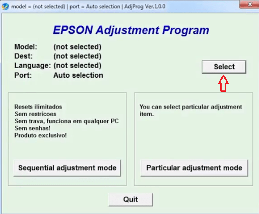 Epson Adjustment Program - Click on Select