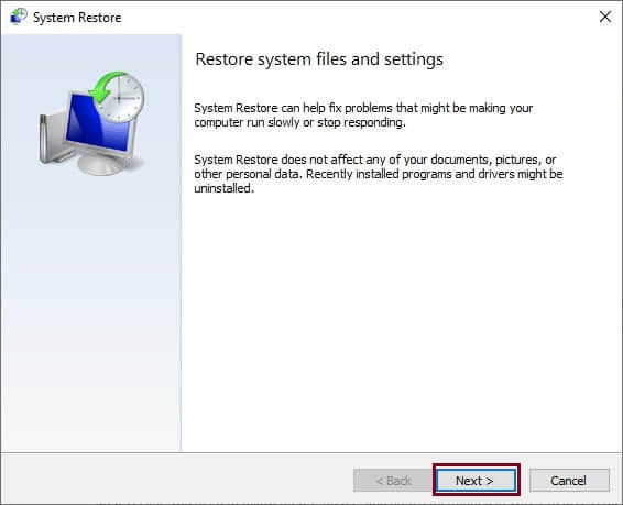 click on next to restore system files and settings