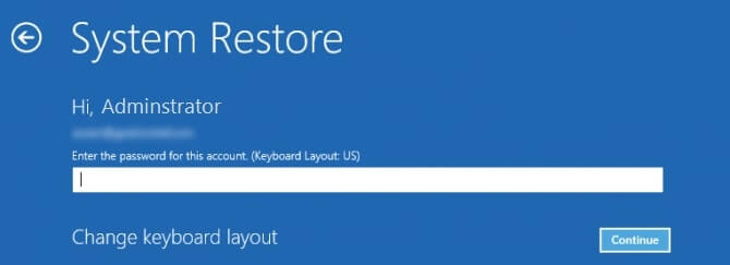 enter username and password for system restore