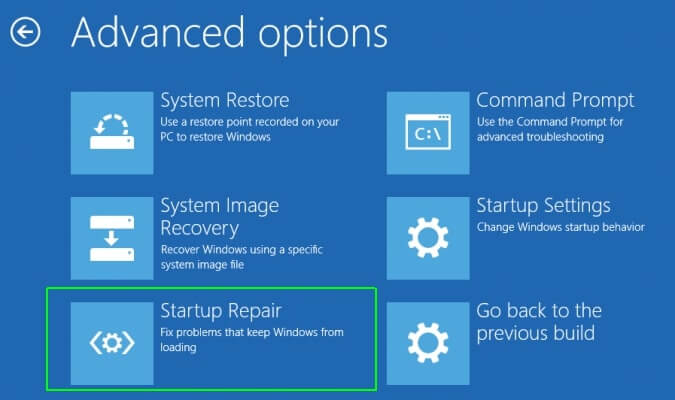 startup repair on advanced options