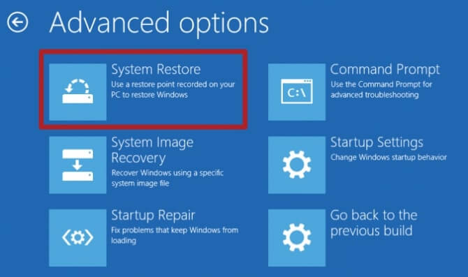 system restore on advanced options